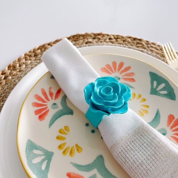 Elegant Rose Napkin Rings – Cyan Blue - Handmade - Wedding Party Event Planner - Picture 4 of 13